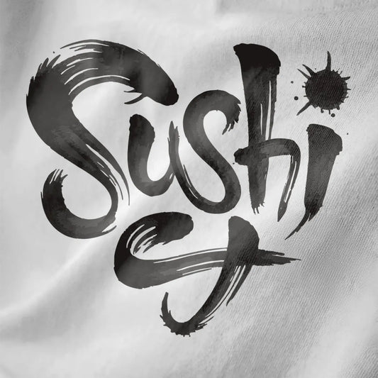 Bold sushi word in dynamic brushstroke on white fabric close-up, monochrome palette, artistic flair.