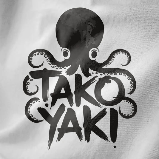 Watercolor style octopus with takoyaki text on white fabric close-up, playful octopus art, brushstroke.