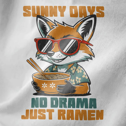 Close-up of white t-shirt fabric with cheerful fox eating ramen, wearing red sunglasses. Summer vibe, cartoon style.