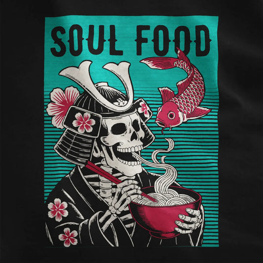 Detail on black fabric of samurai skeleton holding ramen bowl with red chopsticks and koi fish.