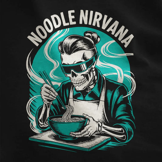 Black fabric close-up featuring skeleton with topknot and stylish red glasses savoring ramen noodles.