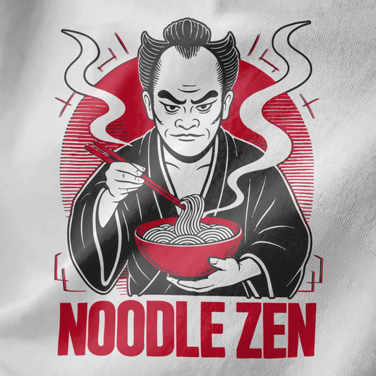 Close-up of a white t-shirt showing a stylized samurai enjoying ramen with rising steam and red sun accents.