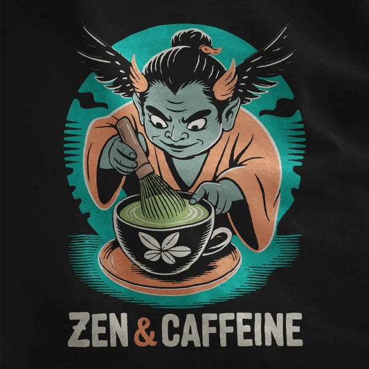 Close-up of teal winged oni whisking vibrant matcha in black cup on black fabric with red sun halo background.
