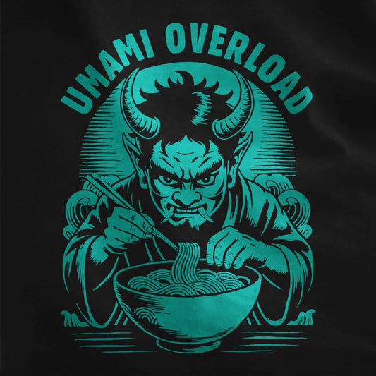 Close-up of black fabric tee featuring red oni demon with chopsticks and ramen bowl, striking graphic print.