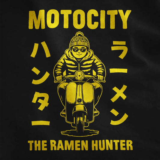 Close-up of black shirt with retro scooter rider in winter gear and large Japanese text for ramen theme.