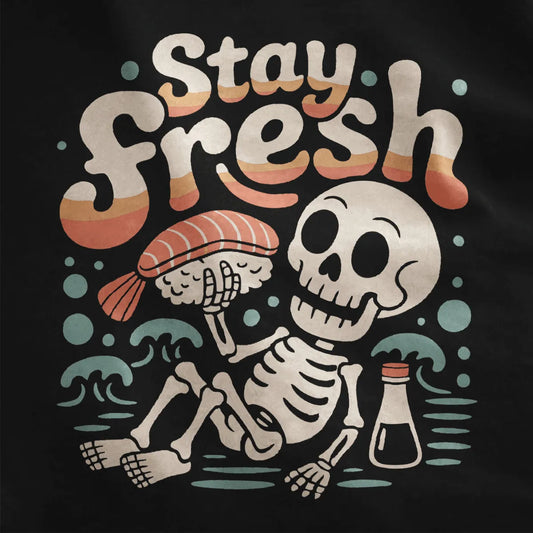 Playful skeleton lounging with salmon sushi and soy sauce on black shirt, sushi culture, vintage aesthetic.