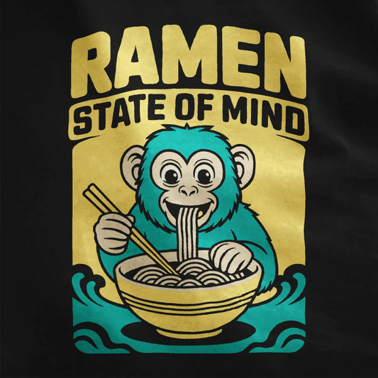 Cartoon monkey slurping ramen, black shirt closeup, clean design, bold colors, noodle shirt.