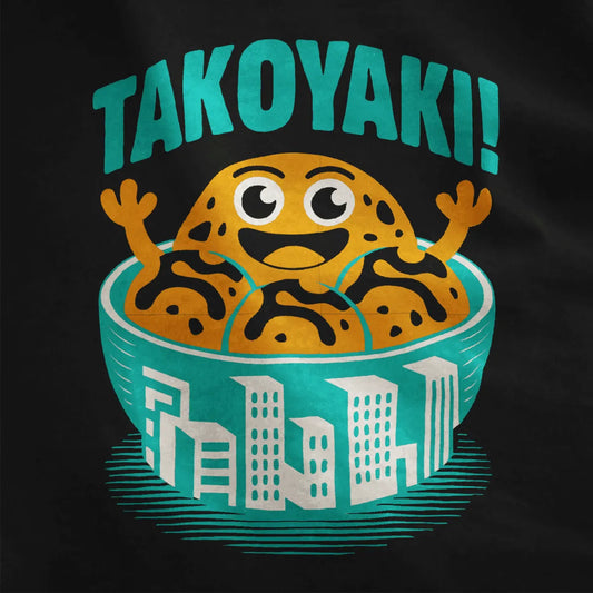 Close-up of black fabric featuring colorful takoyaki bowl graphic with cheerful takoyaki character.