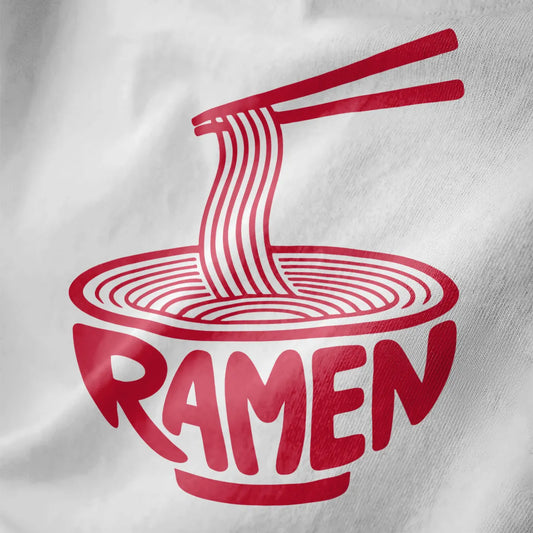 Close-up of white fabric showing red stylized ramen bowl design with chopsticks and noodle art.