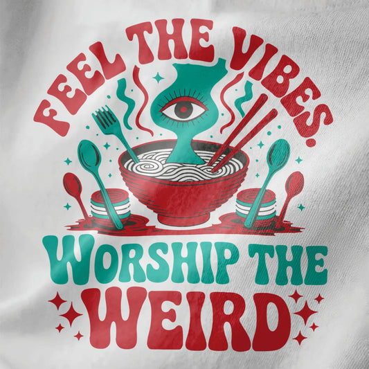 Close-up of white fabric showing psychedelic ramen bowl with vibrant teal and red colors, whimsical art.