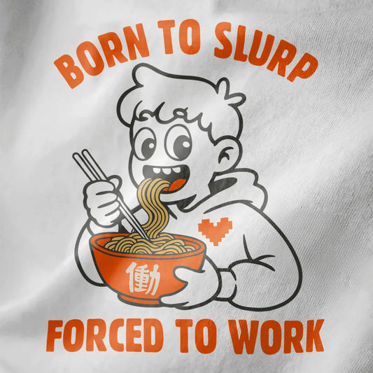Close-up of white fabric showing cartoon character slurping ramen with bold text and orange bowl.