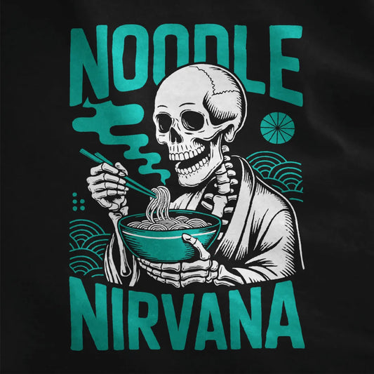 Close-up of black fabric featuring skeleton enjoying ramen with contrasting orange details.