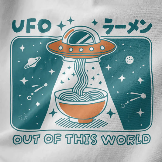 Close-up of vibrant UFO ramen design on white shirt, featuring cosmic elements and playful Japanese text.