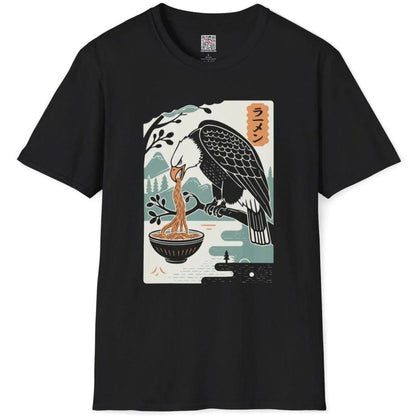 Black t-shirt flatlay featuring eagle with noodles, mountain river backdrop. ramen t-shirt, art t shirts