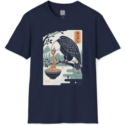 Navy t-shirt flatlay, eagle perched with noodles, fusion cuisine design. fusion cuisine, japanese t-shirts