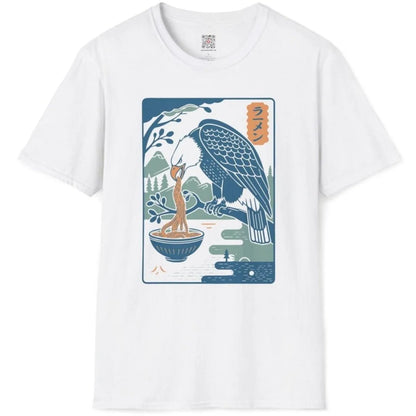 White t-shirt flatlay with eagle slurping ramen, peaceful scenery. japanese t-shirts, serene landscape