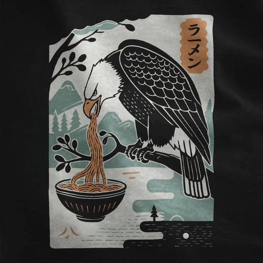 Eagle slurping noodles on black fabric, rich blue and green feathers, ramen t-shirt, nature blend.