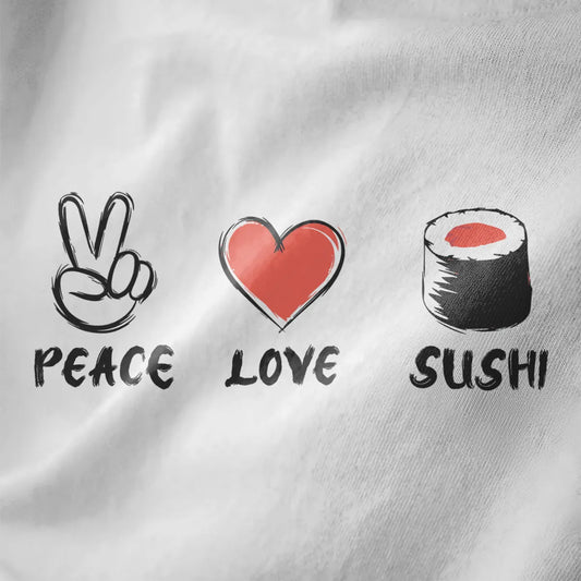 Close-up of white fabric featuring brushstroke peace sign, heart, and sushi roll with Peace, Love, Sushi text.