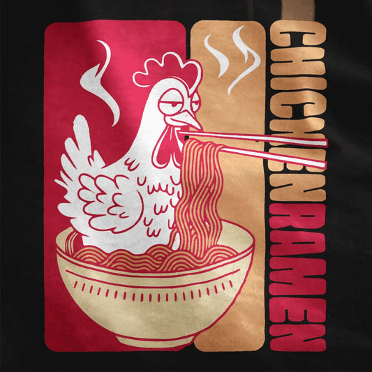 Playful white chicken eating ramen on black fabric, chicken ramen, ramen t-shirt, vibrant style.