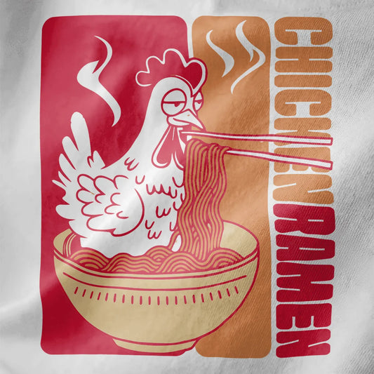 Playful white chicken eating ramen on white fabric, chicken ramen, ramen t-shirt, whimsical illustration.