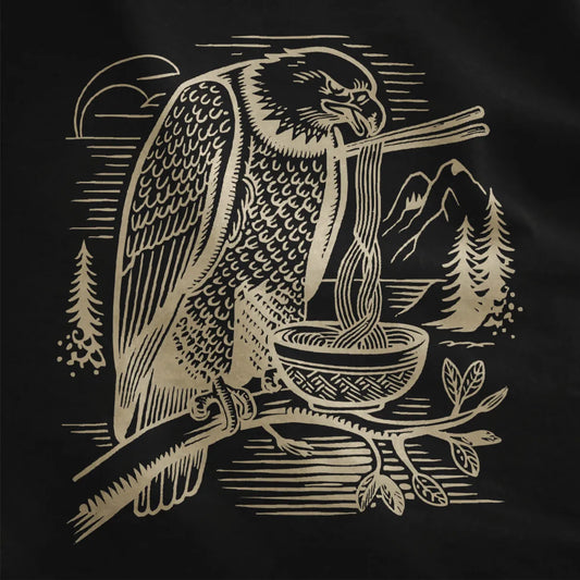 Eagle eating noodles with chopsticks on black fabric, mountain landscape, japanese t-shirts.