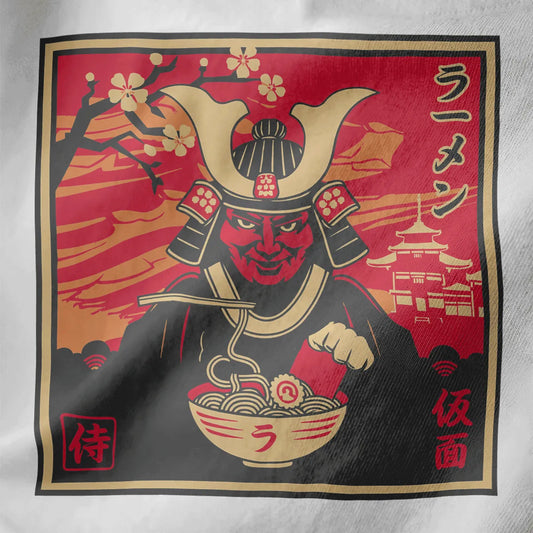 Samurai in armor eating ramen, red sky and cherry blossoms on white shirt, japanese t-shirts, ramen t-shirt.