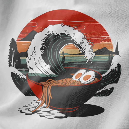 White close-up of ramen bowl with eggs inside a dramatic wave, sunset background, ramen t-shirt, traditional japanese art.