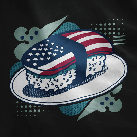 Sushi roll with flag design and abstract shapes on black shirt, modern fusion, sushi art.