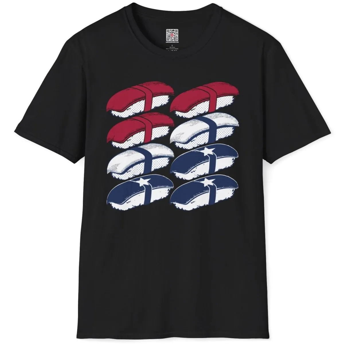 Black t-shirt flatlay with sushi grid design, sushi art, modern fusion.