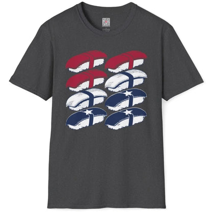 Dark heather t-shirt flatlay with sushi grid design, japanese t-shirts, grid pattern.