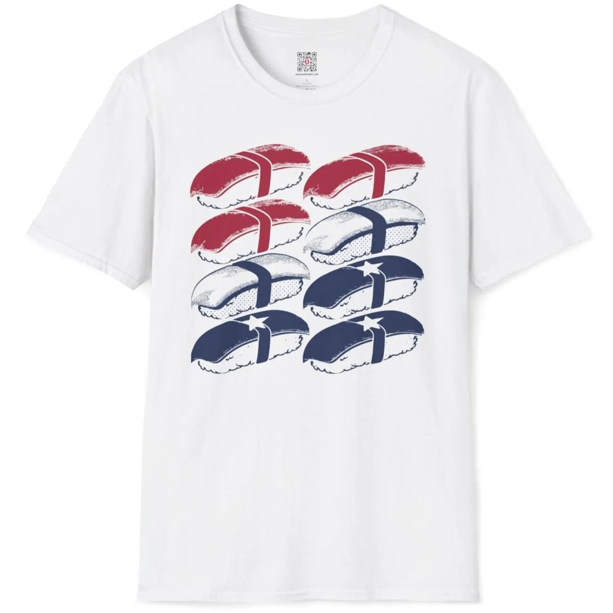 White t-shirt flatlay with sushi grid design, sushi t-shirt, contemporary styling.