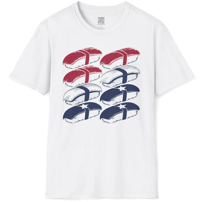White t-shirt flatlay with sushi grid design, sushi t-shirt, contemporary styling.