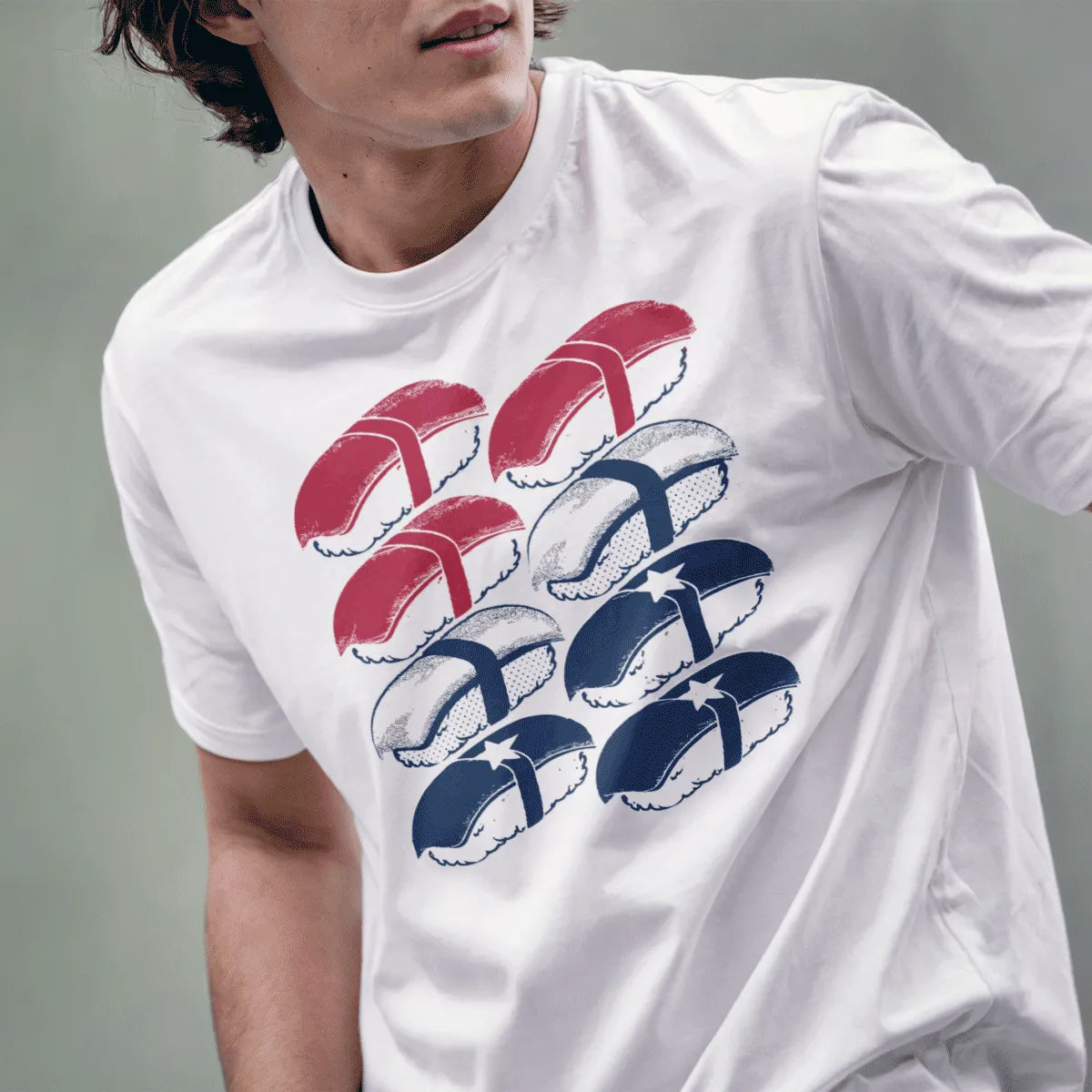 Male model in white t-shirt with sushi grid design, japanese t-shirts, balanced composition.