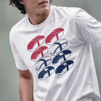 Male model in white t-shirt with sushi grid design, japanese t-shirts, balanced composition.