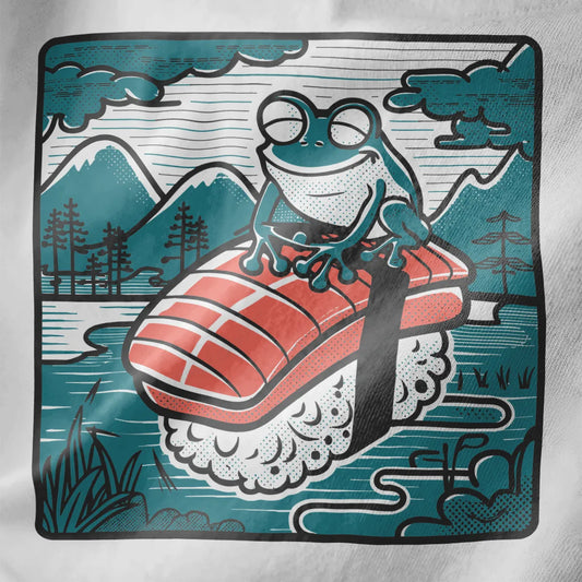 Frog sitting on sushi with mountain landscape on white shirt, japanese t-shirts, frog shirt.