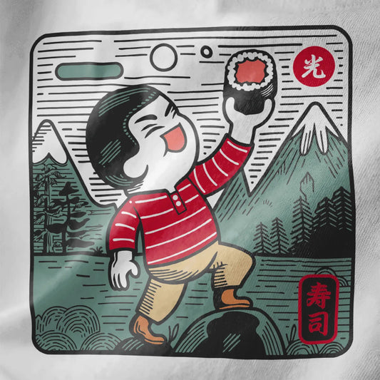 Cheerful character holding sushi in striped shirt on white fabric, Japanese t-shirts, sushi shirt, playful vibe.