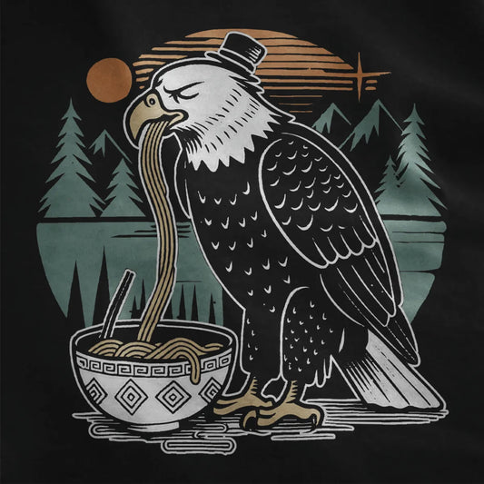 Eagle in top hat enjoying noodles on black fabric, junk food shirt, humorous quote.