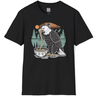 Black flatlay t-shirt with eagle and noodles, ramen t-shirt, cultural hybrid.