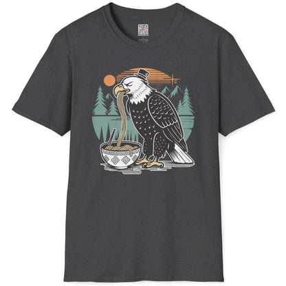 Dark heather flatlay t-shirt with eagle and bowl of noodles, ramen t-shirt, retro modern.