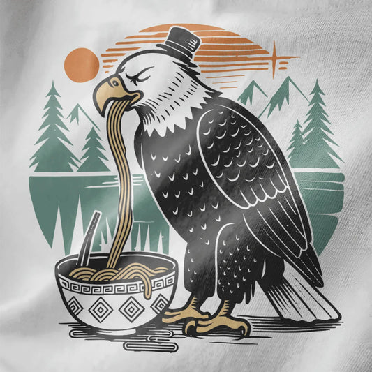 Bald eagle with top hat eating noodles on white fabric, ramen t-shirt, whimsical animal.