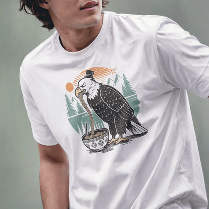 Male model in white t-shirt with eagle eating noodles, Japanese t-shirts, serene landscape.