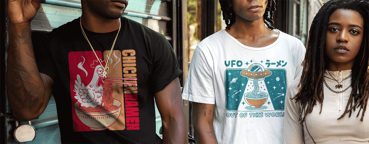 Two dark-skinned men wearing Japanese food graphic t-shirts from WAKUWAKUMA (one black shirt, one white) alongside a woman.